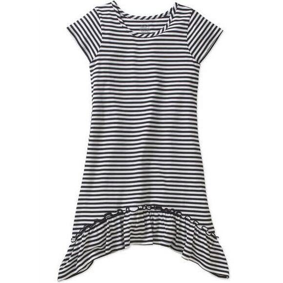 Faded Glory Girls T-Shirt Dress White Black Stripe Ruffle Stretch Scoop M New - Picture 1 of 7